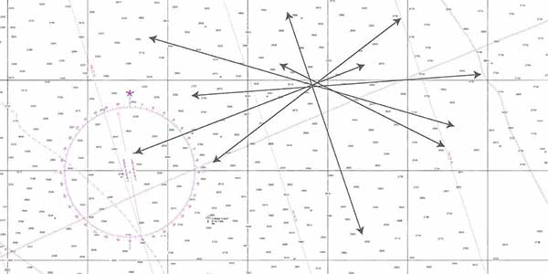 Six celestial lines of position plotted on a nautical chart