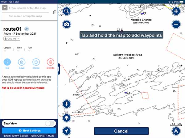 Route planning hints within the Navionics app