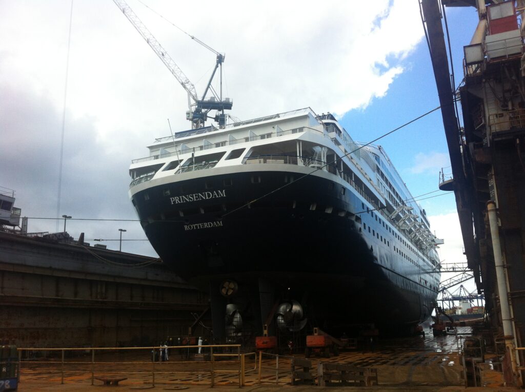 A photograph showing the Holland American Line cruise ship Prinsendam in dry dock in the Bahamas in 2012